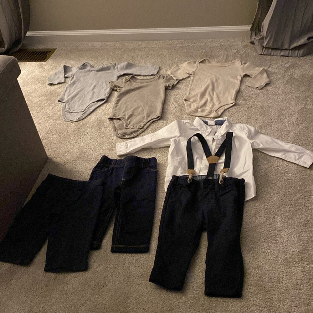 Lot of 9 Months Pants, Onsies, and Dress Outfit